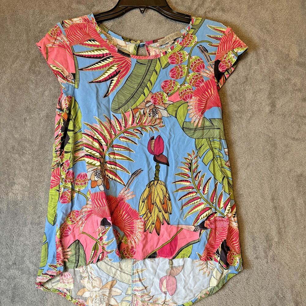 Anthropologie Rose &‎ Thyme Tropical Bird Top Blouse Tunic Hi Low Cap Sleeve S